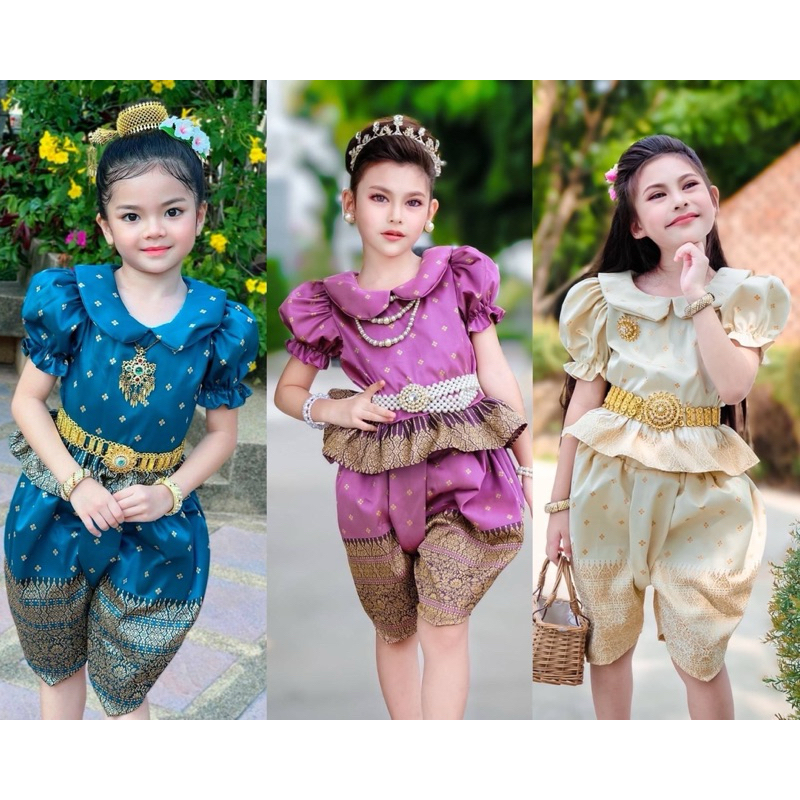 ชุดไทยเด็กคอบัวซิปซ้อนผ้าไหมเทียม