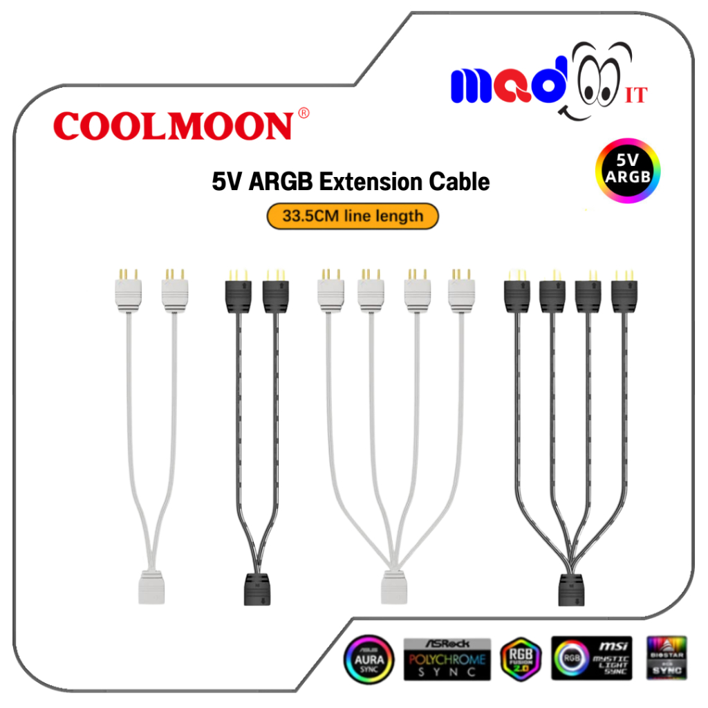 COOLMOON สายไฟ ARGB 5V 3PIN พ่วง, แปลง,ขยาย RGB 1-2/1-4 HUB RGB สีดำและสีขาว