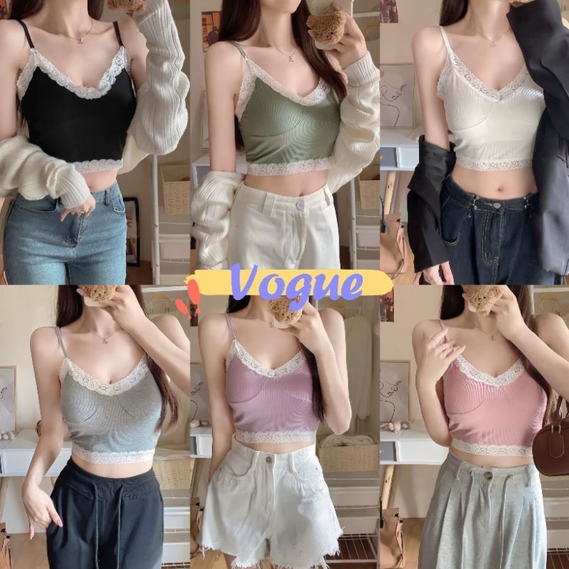 Vogue🌟พร้อมส่ง🌟 เสื้อกล้ามคอวีเซ็กซี่ พร้อมประดับด้วยลูกไม้ สั้นมีเบาะ (FY695) -H
