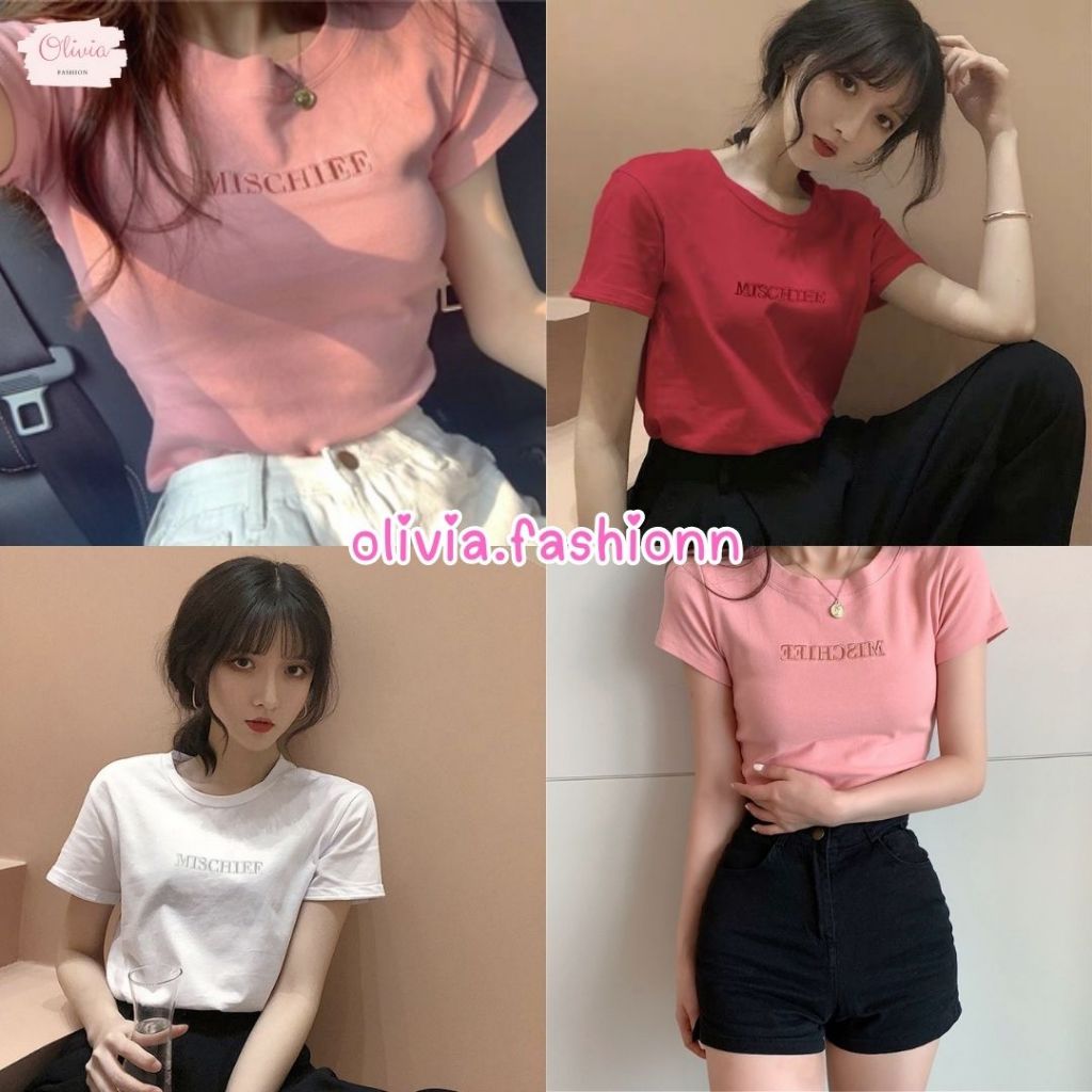 🍓Olivia🍓🍰เสื้อยืดคอกลม🍰 แขนสั้นสีพื้น เสื้อยืดฟรีไซส์ เสื้อรัดรูป งานปักอักษร ผ้านิ่มยืดใส่สบาย สำหรับผู้หญิง 🍰#A12