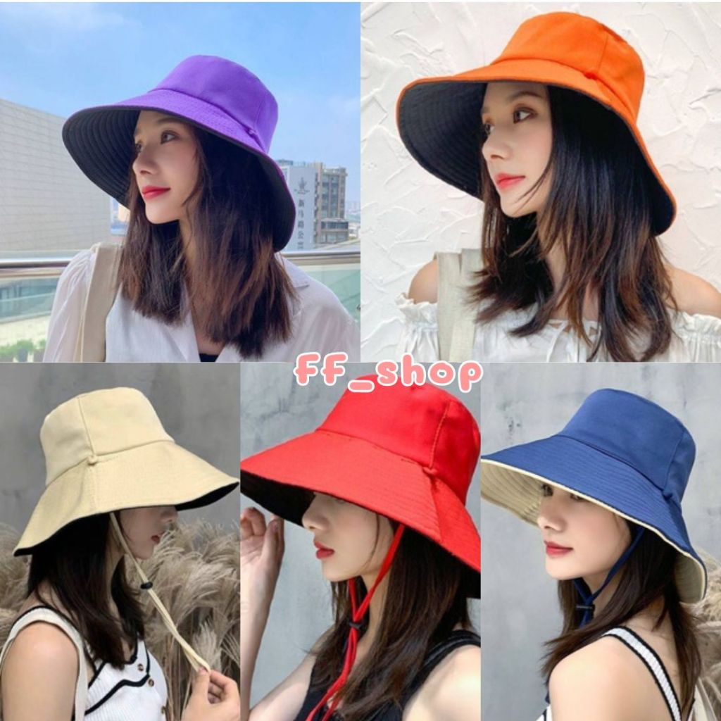 🛒FF.shop🛒 หมวก Bucket 2​ ด้าน กันแดด ทรงสวยผ้าหนา มีเชือกรัดใต้คาง #H3
