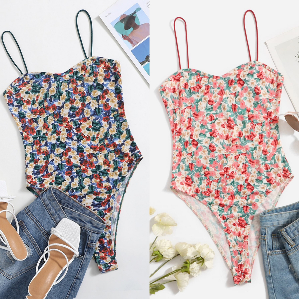 พร้อมส่ง บอดี้สูทสายเดี่ยว เว้าสูง ลายดอกไม้ อก 38-40 นิ้ว