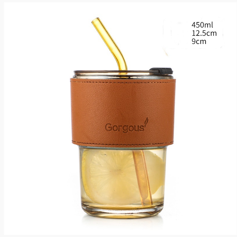 ถ้วยแก้ว แก้วใส่น้ำ 450ml แก้วกาแฟ สไตล์มินิมอล พร้อมหลอดแก้ว ฝาปิด ปลอกซิลิโคนกันร้อน