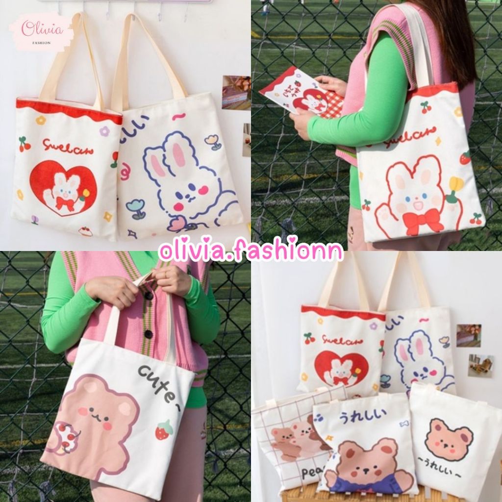 🍓Olivia🍓กระเป๋าถือ กระเป๋าผ้า สไตล์เกาหลี แฟชั่นมา การ์ตูน-น่ารัก พร้อมส่ง #BAG01