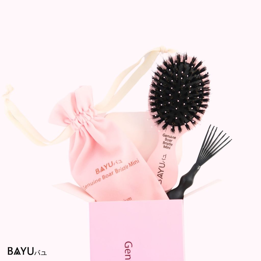 หวีขนหมูป่าแท้!!!! New!!!! BAYU Geniun Boar Bristle Mini Pink น่ารักมาก หวีแปรงขนหมูป่าแท้คุณภาพสูง 