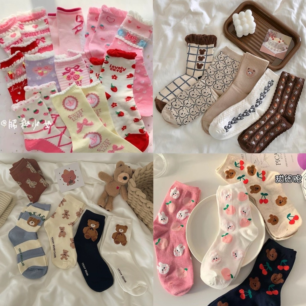 พร้อมส่ง ขายดี ถุงเท้าข้อยาว มี58แบบ ลายหมี ดอกไม้ เชอร์รี่ หัวใจ Free size สไตล์เกาหลี ญี่ปุ่น สำหรับผู้หญิง/ผู้ชาย – โปรปัง