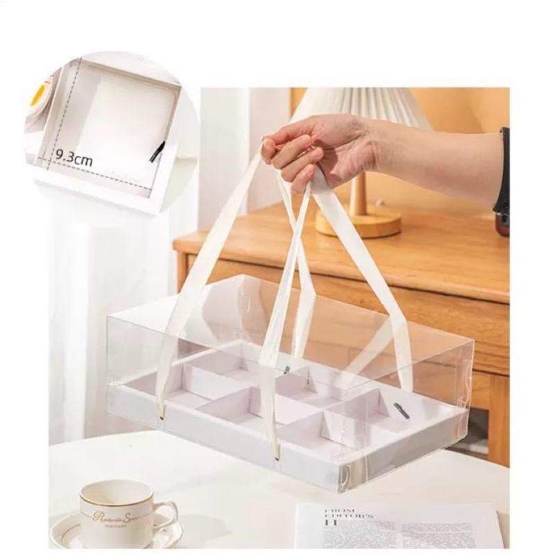 กล่องเค้กเหลี่ยม 4 ชิ้น 6 ชิ้น  กล่องขนม  กล่องเบเกอรี่ฐานขาวฝาครอบPVC หูหิ้ว (ชุด 5ใบ) BX3 - รูปที่ 3