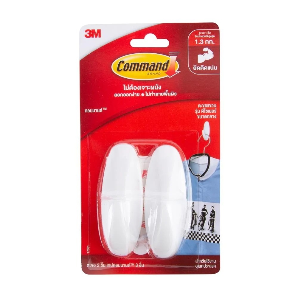 แผ่นเทปกาวคอมมานด์พร้อมตะขอแขวน 3M 17081 สีขาว WALL HOOKS WITH ADHESIVE STRIPS 3M 17081 WHITE