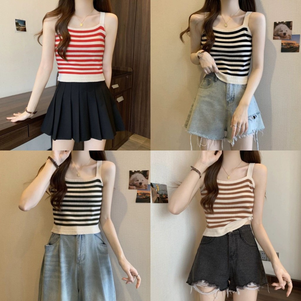 สายเดี่ยว เสื้อครอป ลายทาง เนื้อผ้าเด้ง สวมใส่สบาย #60299