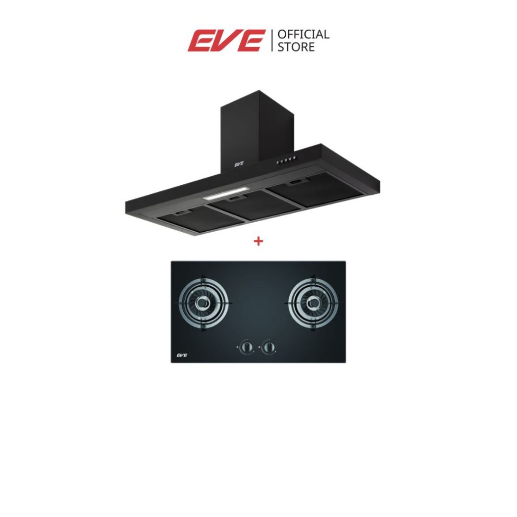 EVE เตาแก๊ส 2 หัวเตาแบบฝัง พร้อมเครื่องดูดควันติดผนัง HC-SHADOW-90 PLUS + FURY 2B