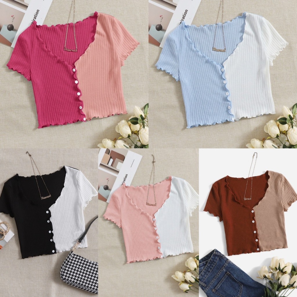 พร้อมส่ง เสื้อยืดทูโทน ขอบหยัก คอวีกว้าง อก 36-38 นิ้ว