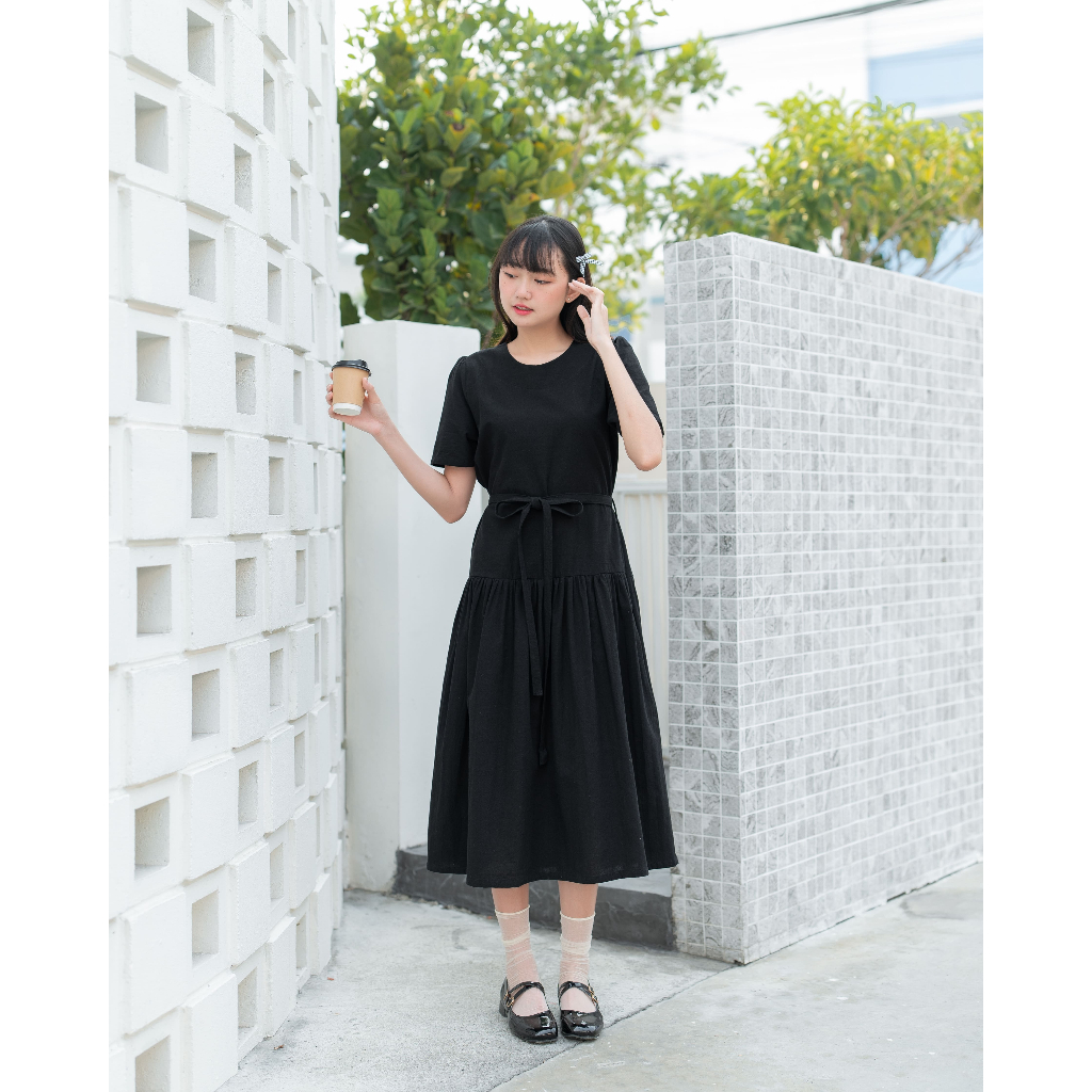 JUL 01 Black (สีดำ) เดรสผ้าฝ้าย C100 ผ้านิ่ม เบา สบาย สายมินิมอล