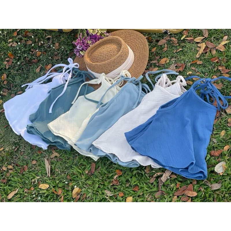 เสื้อสายเดี่ยว ผูกโบว์🎀 ผ้าสาลู มินิมอล พลางหุ่น เอิร์ธโทน แต่งตัวมินิมอล ผ้าฝ้าย มูจิ ผ้าเบาสบาย ไม่ยับ เที่ยวทุกที่