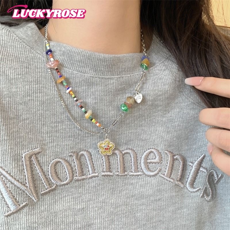 สร้อยคอจี้หัวใจสีสันไม่สม่ำเสมอลูกปัดหินธรรมชาติY2Kสไตล์เกาหลีแฟชั่นละเอียดอ่อนเครื่องประดับสำหรับผู้หญิง