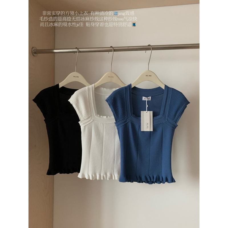 7750#เสื้อแขนสั้นคอเหลี่ยม ผ้าไหมพรม TAG:WG.WE