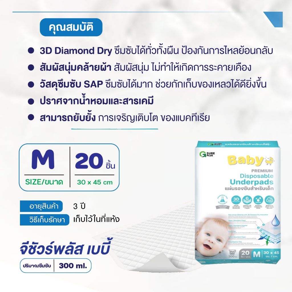 [KSG Official] จีชัวร์พลัส แผ่นรองซับ สำหรับเด็ก แผ่นกันเปื้อนปัสสาวะ แพ็ค 20 ชิ้น