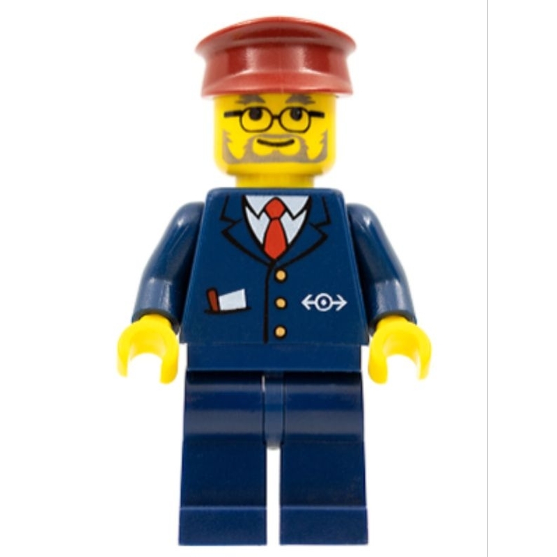 Lego Minifigure Train trn123 Dark Blue Suit with Train Logo, Dark Blue Legs, Dark Red Hat - Conducto