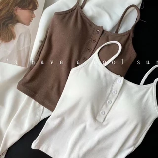 เสื้อสายเดี่ยวผู้หญิง สายเดี่ยวแต่งกระดุม B-102 แฟชั่นเกาหลีสุดน่ารัก ผ้านุ่มใส่สบาย มีฟองน้ำในตัว