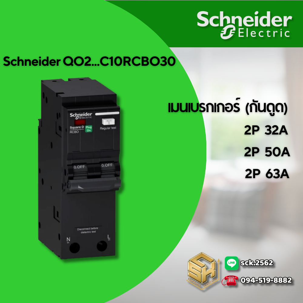 Schneider เมนเบรกเกอร์ กันดูด รหัส QOvs ชนิด 2 โพล ขนาด 32-63A