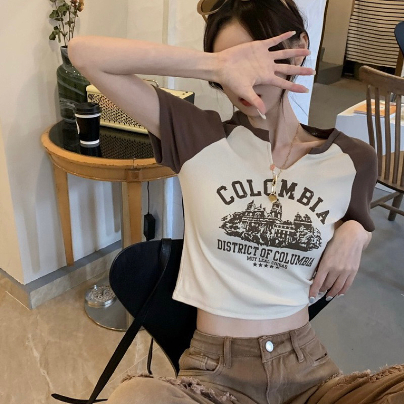 พร้อมส่ง🖤 เสื้อครอปเเขนสั้น คอกลม ดีเทล u  COLOMBIA น่ารัก ใส่สบาย - รูปที่ 6
