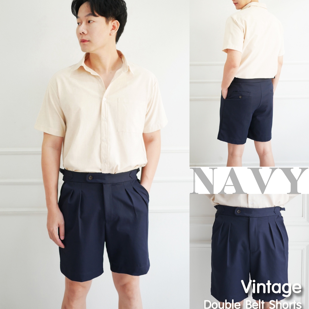 กางเกงขาสั้นสไตล์วินเทจแต่ง Buckle คู่ช่วงเอว ผ้าทรงตัวสวย Vintage Double Belt Shorts (NAVY)