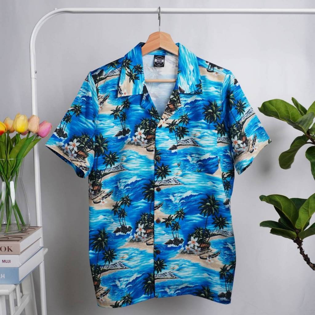 เสื้อฮาวายผ้าไหมอิตาลี ลายดอกไม้ วิวทะเล สงกรานต์ C165