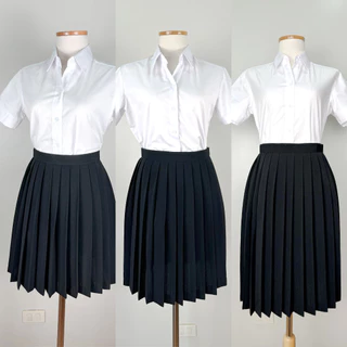 กระโปรงนิสิตนักศึกษาเอวตะขอ กระโปรงพลีสมีจีบ ผ้ามีน้ำหนัก สีดำ หลายไซส์ หลายความยาว ไซซ์23-34