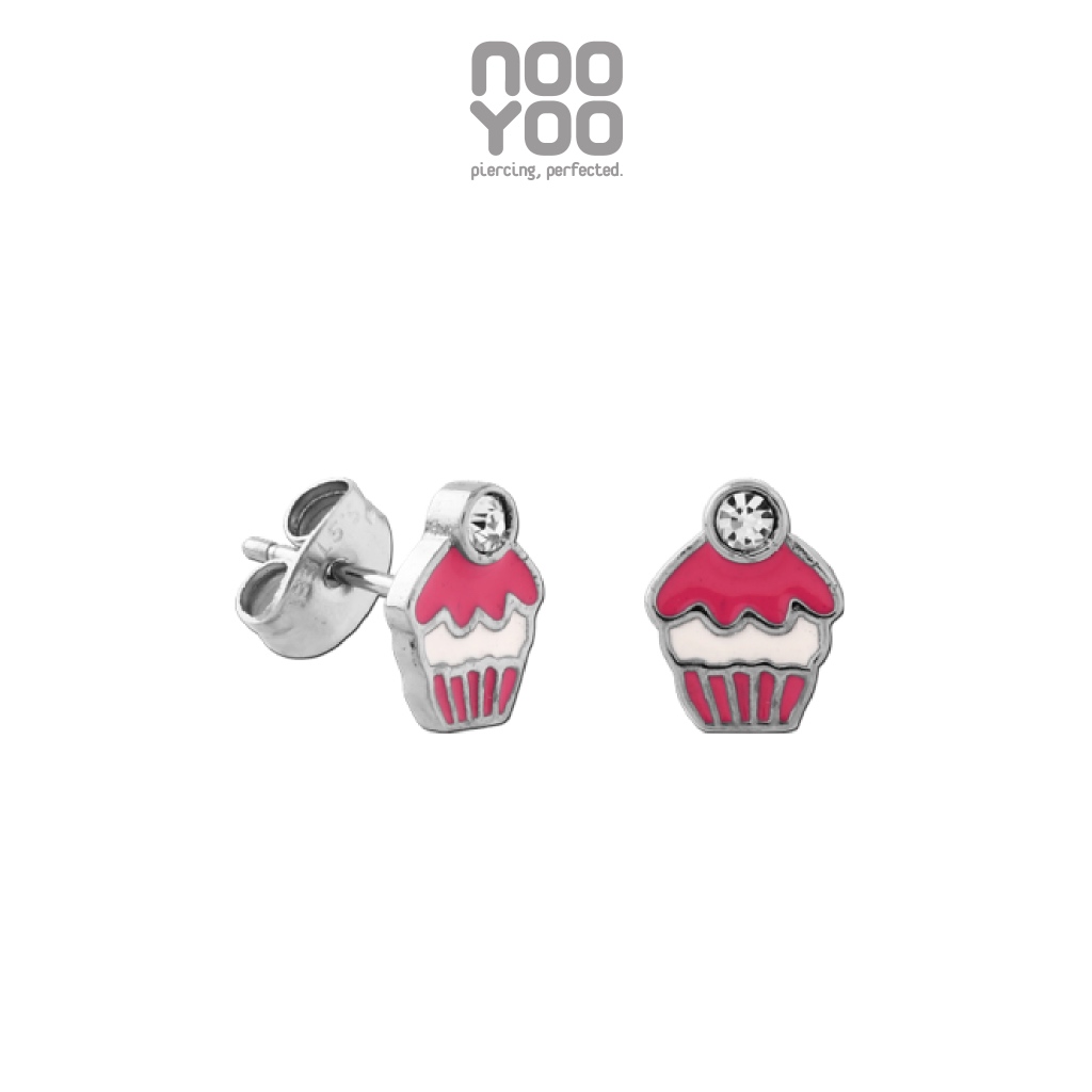 NooYoo ต่างหูสำหรับผิวแพ้ง่าย Mini Cupcake with Crystal ENAMEL Surgical Steel