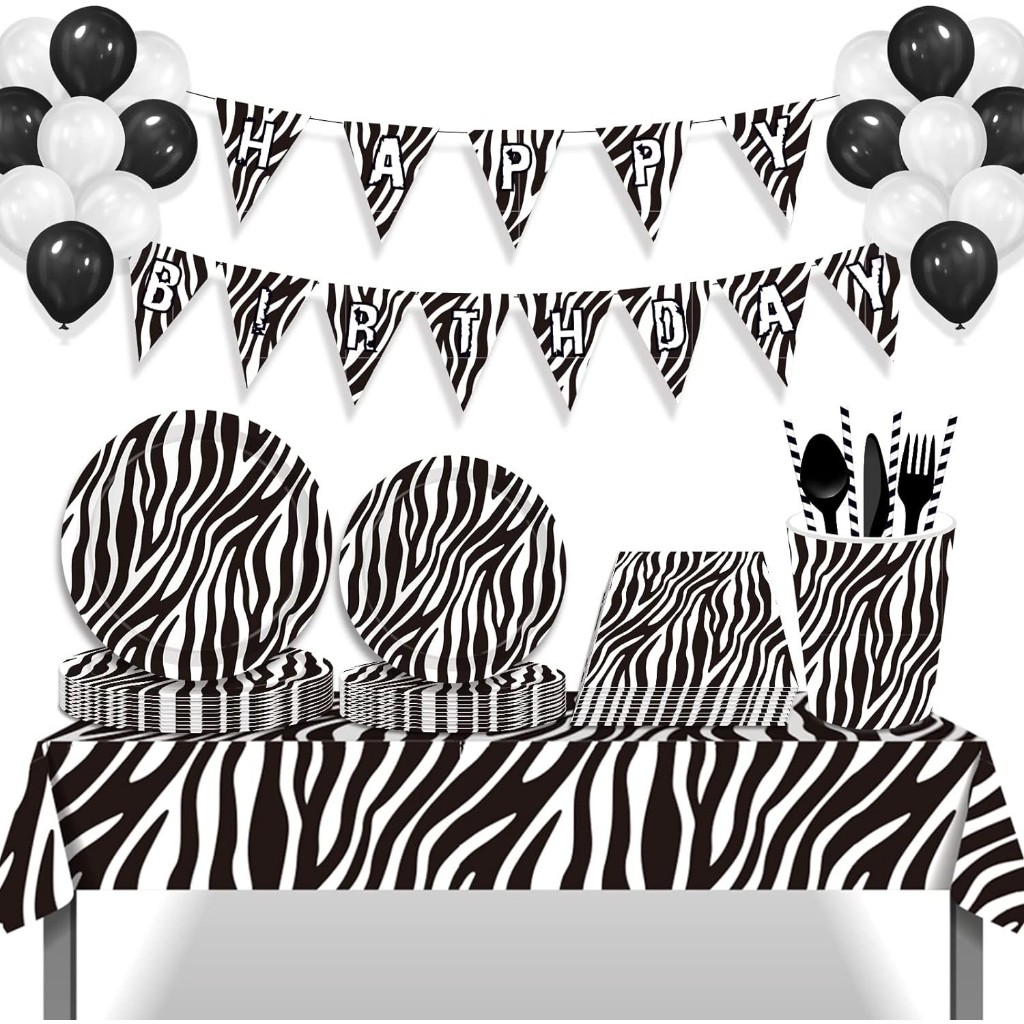 ปาร์ตี้วันเกิด ม้าลาย ขาว ดำ จานกระดาษ แก้วกระดาษ จาน Zebra Black White Birthday Party Disposable Paper Plate Cup Napkin