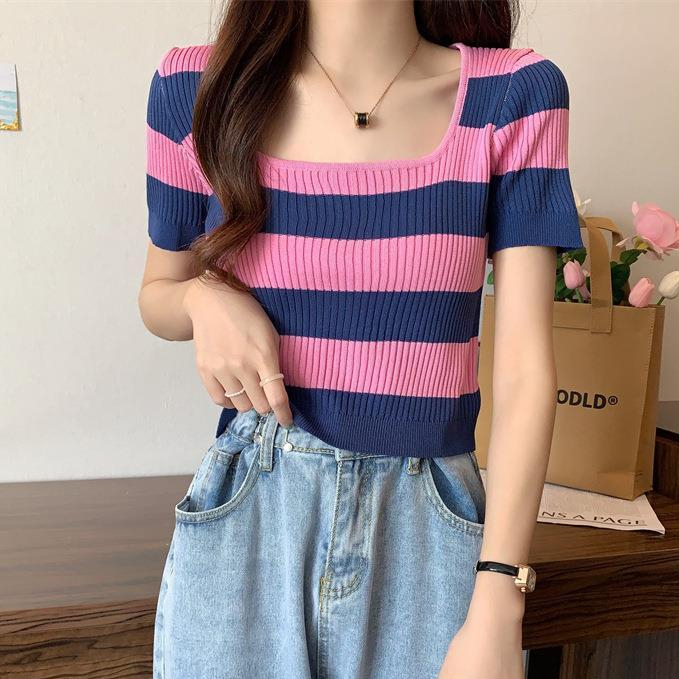 พร้อมส่ง**เสื้อยืดไหมพรม แขนสั้น คอเหลี่ยม Y80