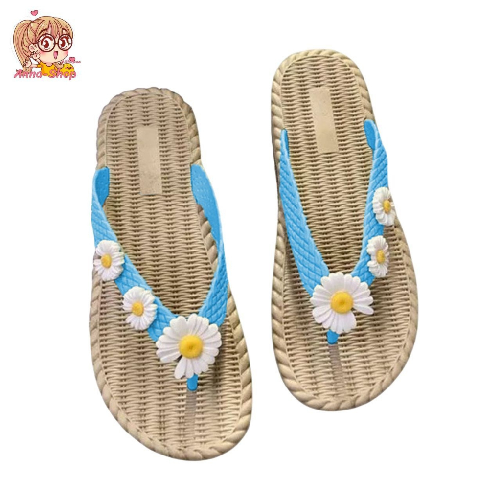 รองเท้าแตะหูหนีบ 🌼รองเท้าแฟชั่น พื้นสาน แต่งดอกไม้ สีสันสดใส พื้นนิ่มใส่สบาย ไม่ลื่น  T57