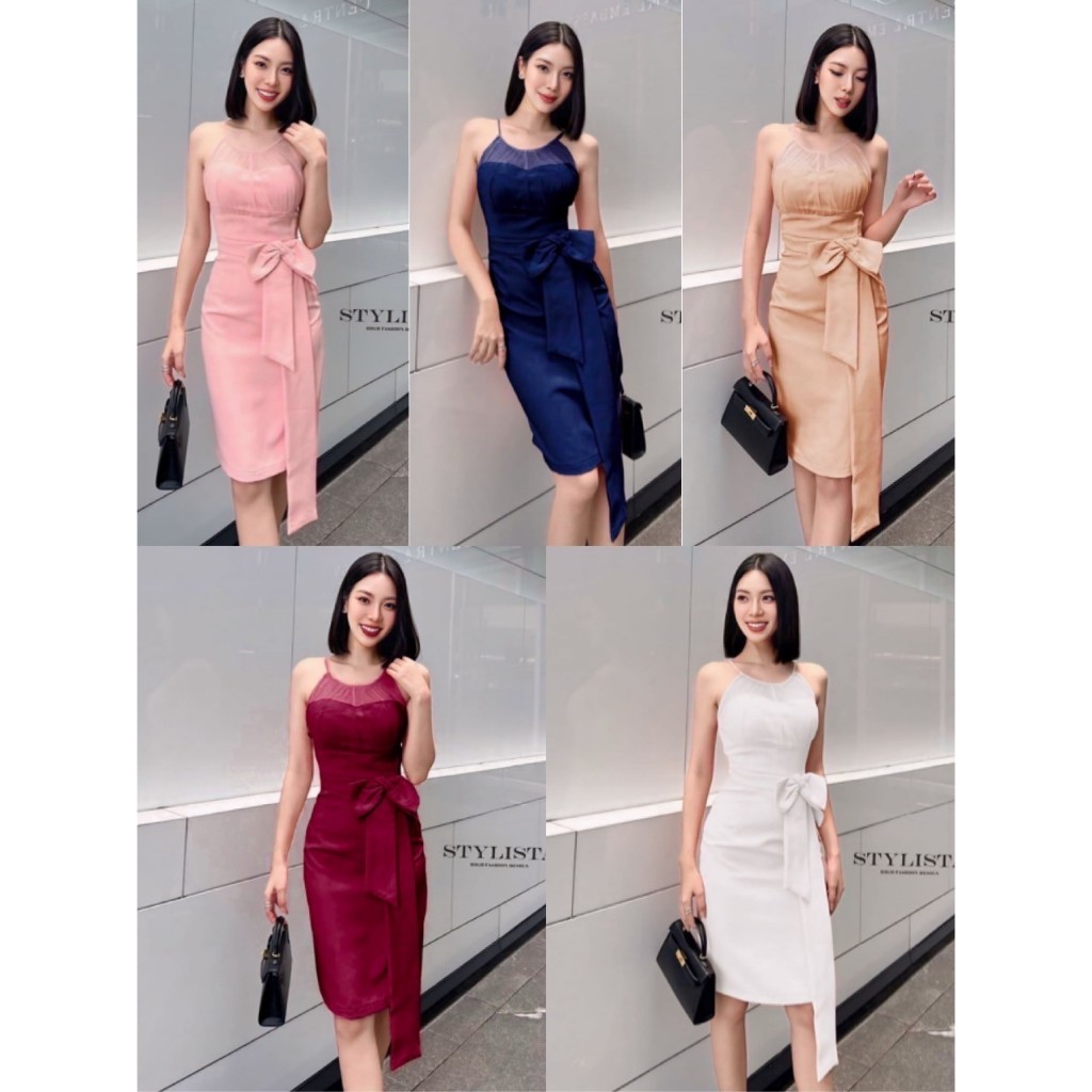 เดรสออกงาน เดรส เกาะอก แต่งไหล่ ผ้าซีทรู สายเดี่ยว แต่งโบว์หน้าใหญ่ที่เอว เข้ารูปสวย มีโบว์ผูกหลัง พร้อมส่ง