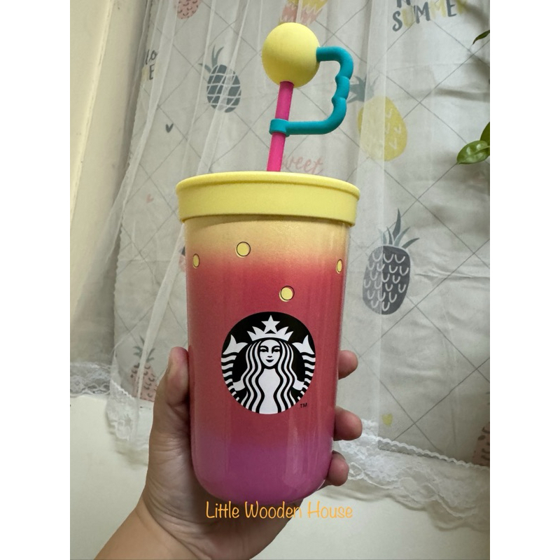 Starbucks Stainless Steel Gradient Yellow To Pink w/ stopper Cold Cup 16 oz.
