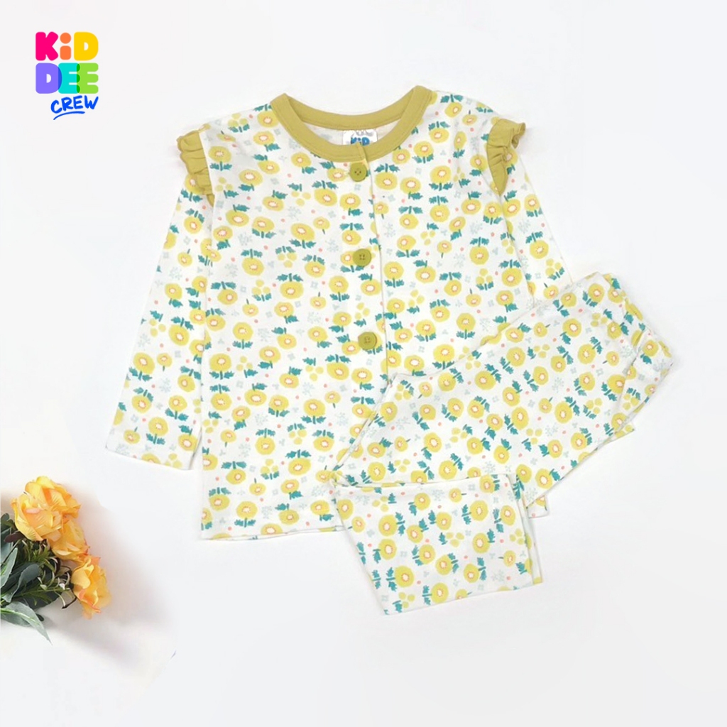 KiddeeCrew ชุดนอนเด็กสีครีมดอกไม้เหลืองระบายแขน เหมาะสำหรับอายุ 1-14 ปี