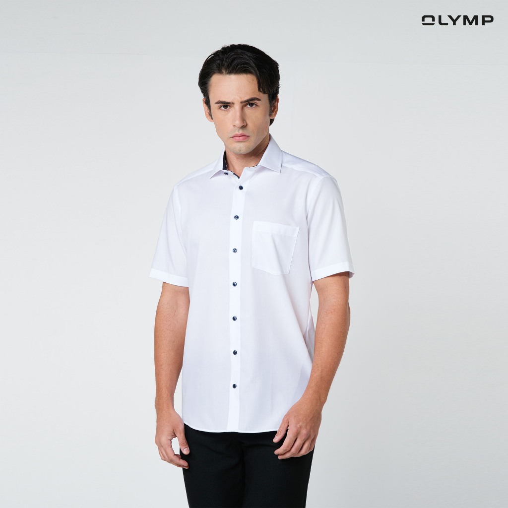 OLYMP LUXOR Shirt เสื้อเชิ้ตชายแขนสั้น สีขาว ทรงหลวม รีดง่าย(SUMMER24) SUMM24 เสื้อทำงาน ชุดทำงาน