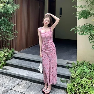 midsummer เดรสยาวสีชมพู เดรสออกงาน ลายดอกไม้ ผ้าชีฟอง กระโปรงยาว คอเหลี่ยม #8023