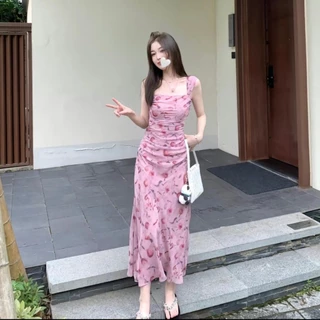 midsummer เดรสยาวสีชมพู เดรสออกงาน ลายดอกไม้ ผ้าชีฟอง กระโปรงยาว คอเหลี่ยม #8023