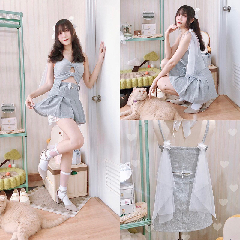 พร้อมส่ง ชุดเซ็ท เสื้อสายเดี่ยว กระโปรง 2ชิ้น สไตล์เกาหลี สตรีท แฟชั่นผู้หญิง น่ารัก เวียดนาม ไปคอน ใส่เที่ยว งานเฟส