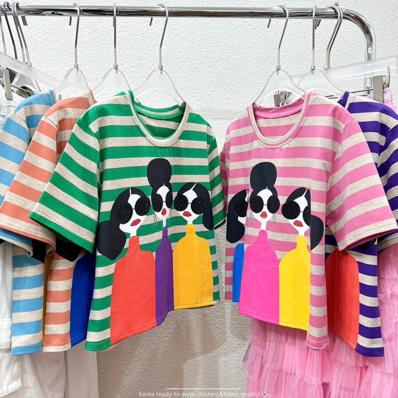 เสื้อยืดตัวสั้น Alice&Olivia Pastel Stripe Crop ผ้าลายริ้วสลับสี ลายสุดฮิต น่ารักแบบมาก