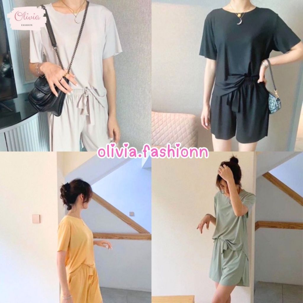 Olivia - Set shirt pants เสื้อแขนสั้น กางเกงขาสั้น ชุดผ้าร่อง สีพื้น ผ้าลื่นนิ่มเด้ง ใส่สบาย #6002