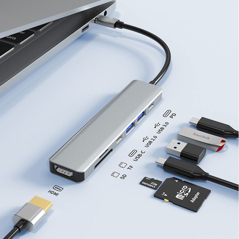 อะแดปเตอร์ฮับ Type C 7-in-1 HUB เป็น USB 3.0 + USB + HDMI 4K + USB-C + PD + เครื่องอ่านการ์ด SD / TF