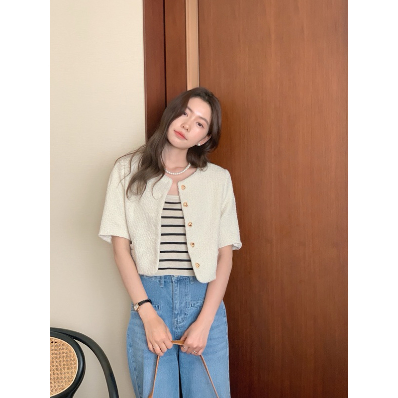 เสื้อคลุมผ้าทวิตแขนสั้น เสื้อทำงาน กระดุมหัวใจ