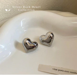 MNL💗ต่างหูหัวใจสีเงิน Silver Rock Heart แบบแป้น เครื่องประดับแฟชั่น เงินแท้ ผู้หญิง ใส่ออกงาน ใส่เที่ยว ของขวัญ