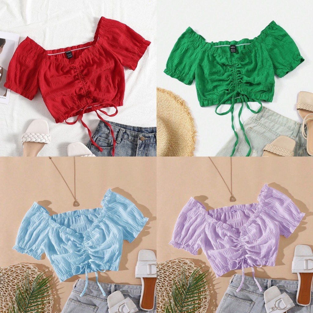 พร้อมส่ง เสื้อเบลาส์ ครอปสาวอวบอ้วน แต่งจีบ มีเชือกรูดด้านหน้า อก 38-40 นิ้ว