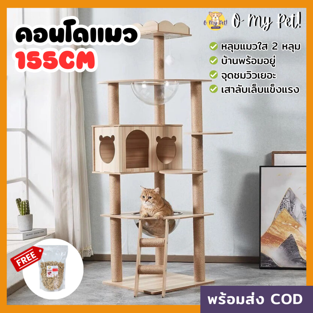 🐱O My Pet!🐶 คอนโดแมวหลังใหญ่ งานไม้ทั้งหลัง มินิมอล สูง156CM ปีนป่ายดี บ้าน 2 หลัง พร้อมหลุมอวกาศ แล
