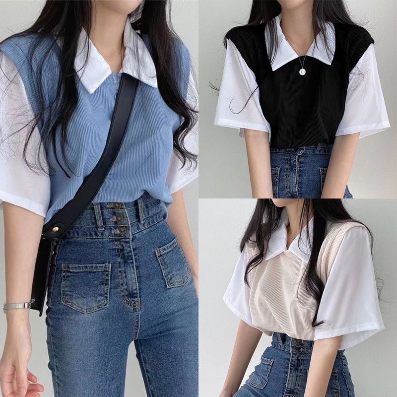 มาใหม่ผู้หญิงแขนสั้นสองชิ้นเสื้อคอกลมผ้าสบาย