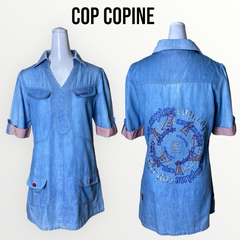 Cop Copine เดรสยีนส์ผ้าบางแขนสั้นงานปักหลัง