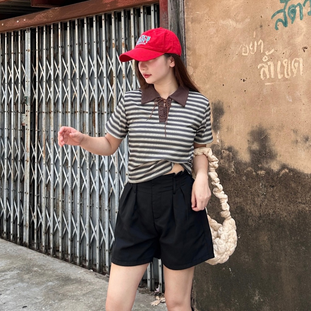 TWT30 เสื้อลายทางคอปก เชือกผูกย้อนยุค