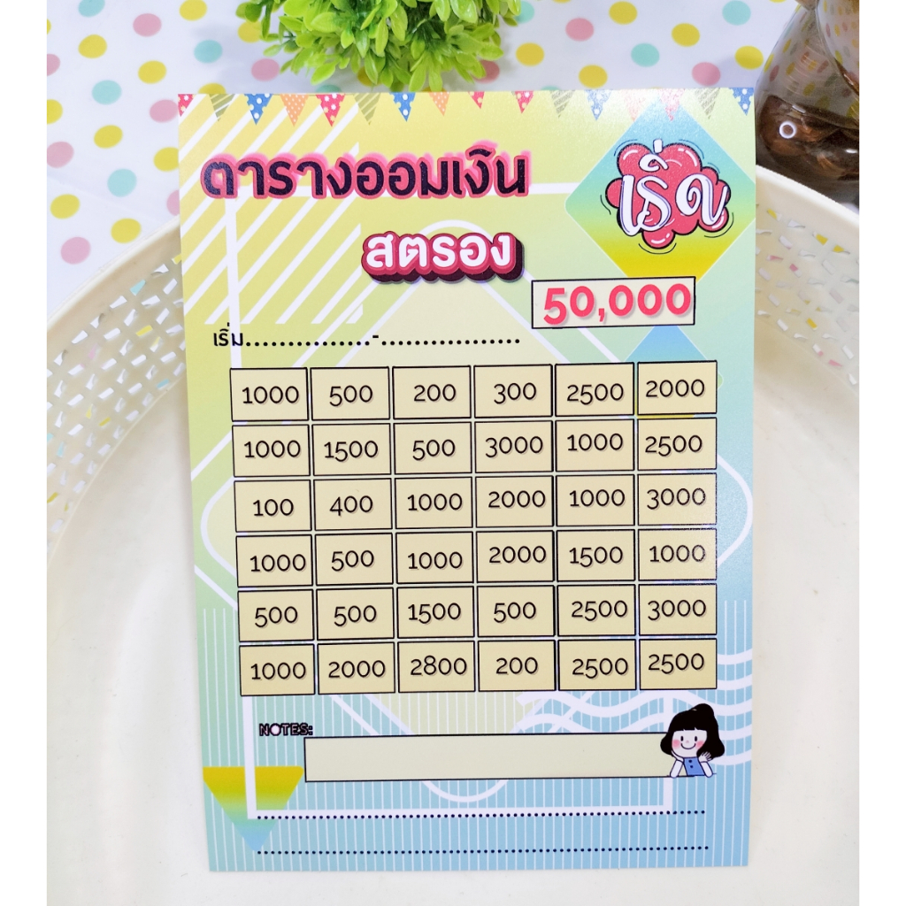 ตารางออมเงิน 50000 บาท ใช้กับกระปุกออมสินได้ แบบแผ่น ขนาด5R กระดาษโฟโต้ หนาทนทาน