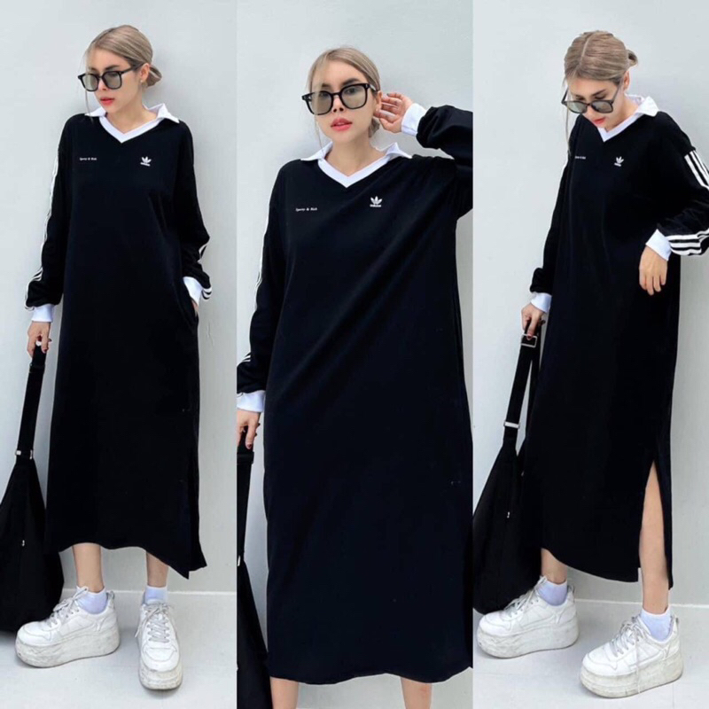 เดรสยาวแต่งปกคอวีทรงoversizeแขนยาวใส่ซกแต่งแถบผ่าข้าง